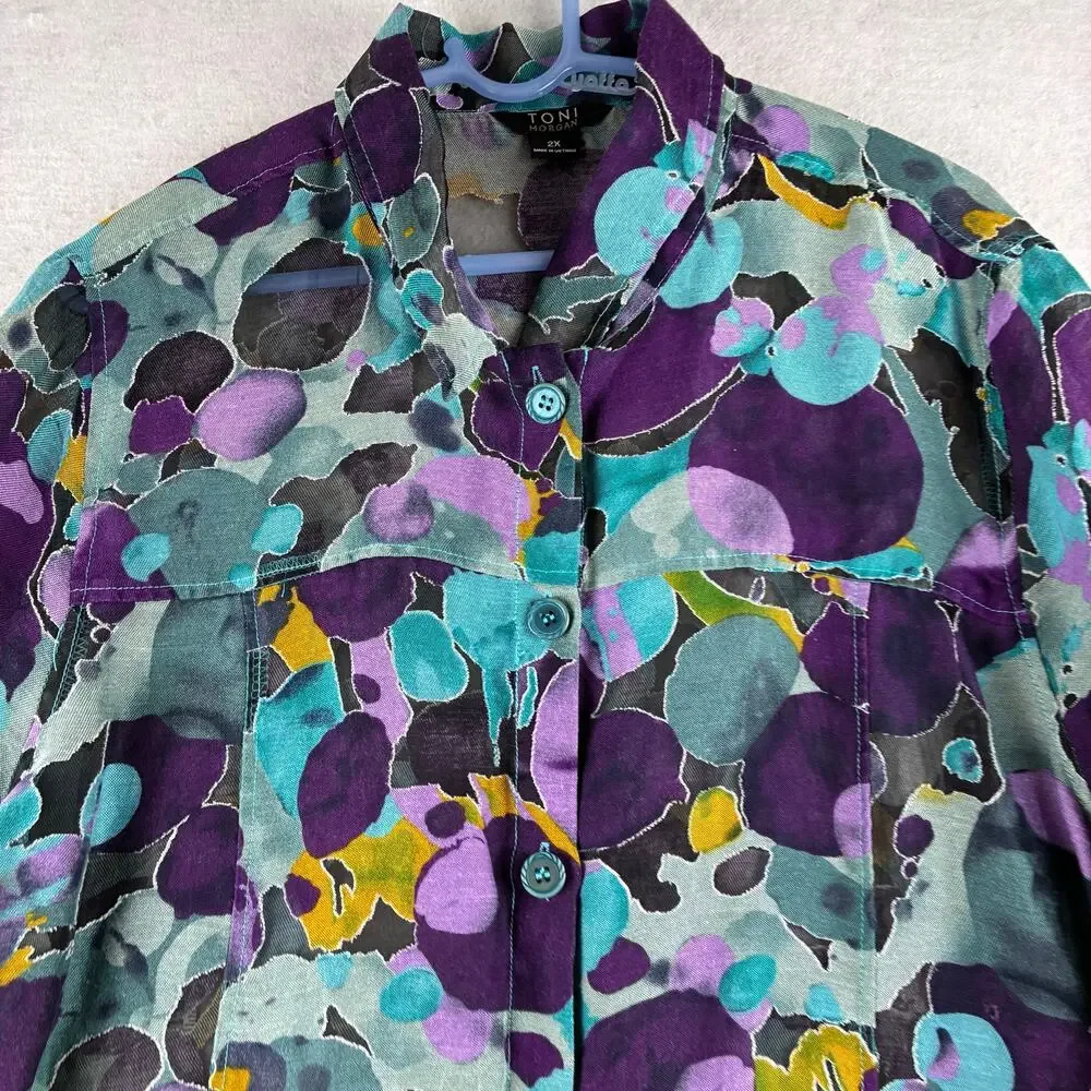 Toni Morgan 3/4 Sleeve Button Up Sheer Blouse Jacket Women's 2X Abstract Artsy